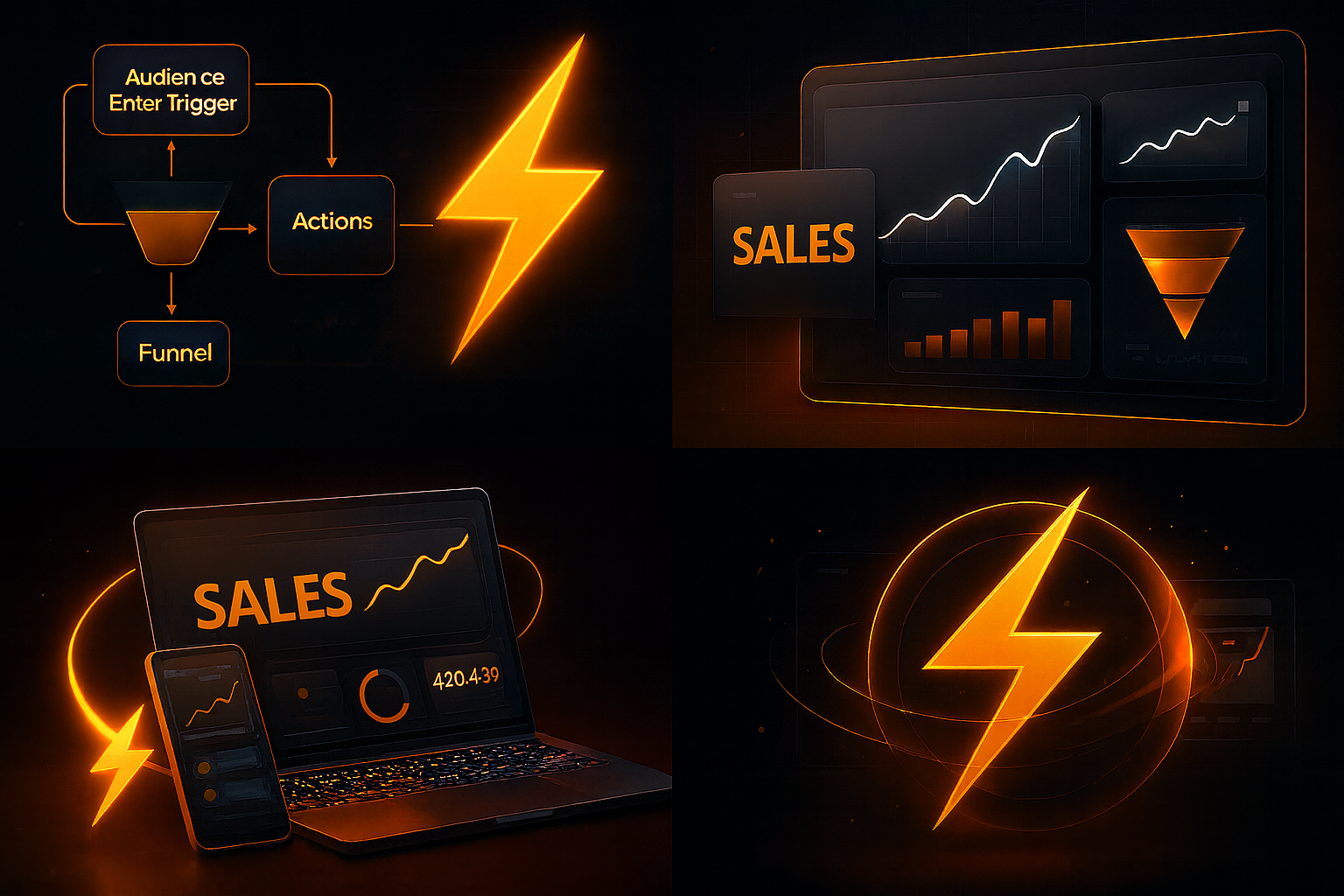 Digital marketing funnel and analytics dashboard with lightning bolt motifs showing sales performance, audience triggers, and funnel optimization